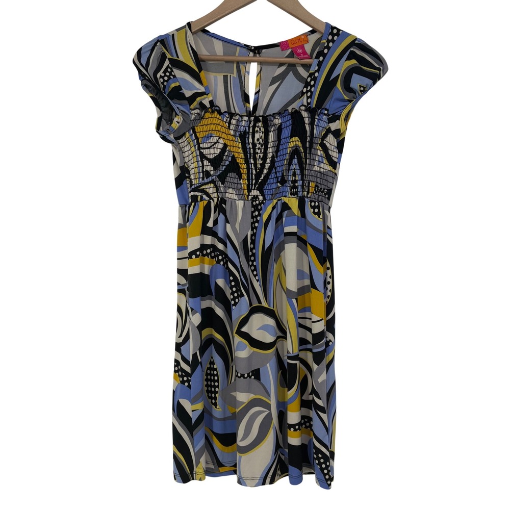 Y2K Catch My I Womens Abstract Psychedelic Smocked Mini Dress S Mod Made in USA